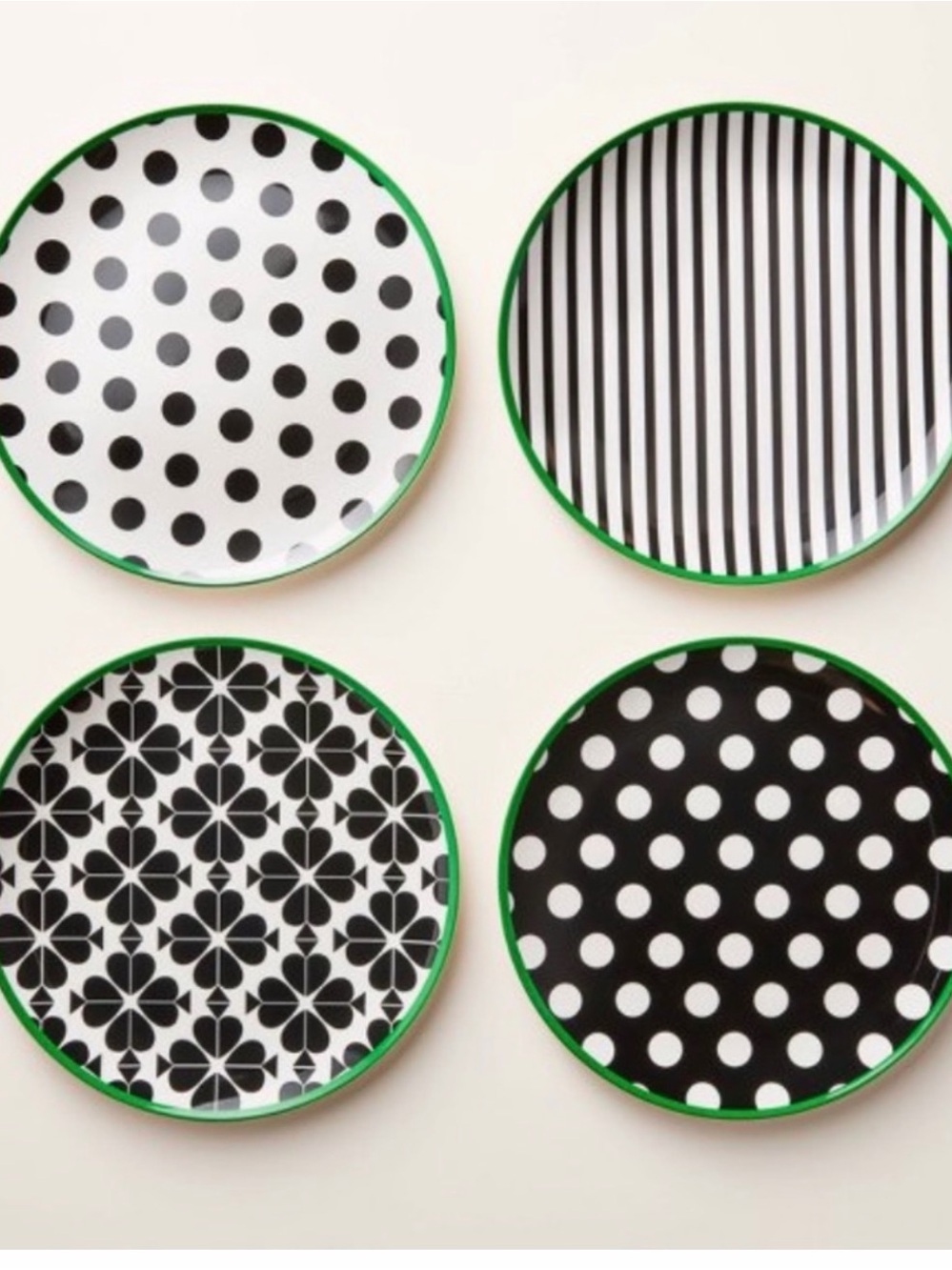 kate spade Black & White Patterned Dinner Plates with Green Rim